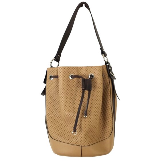 The Trend Tan Genuine Leather Woven Basketweave Drawstring Bucket Bag - Picture 1 of 8